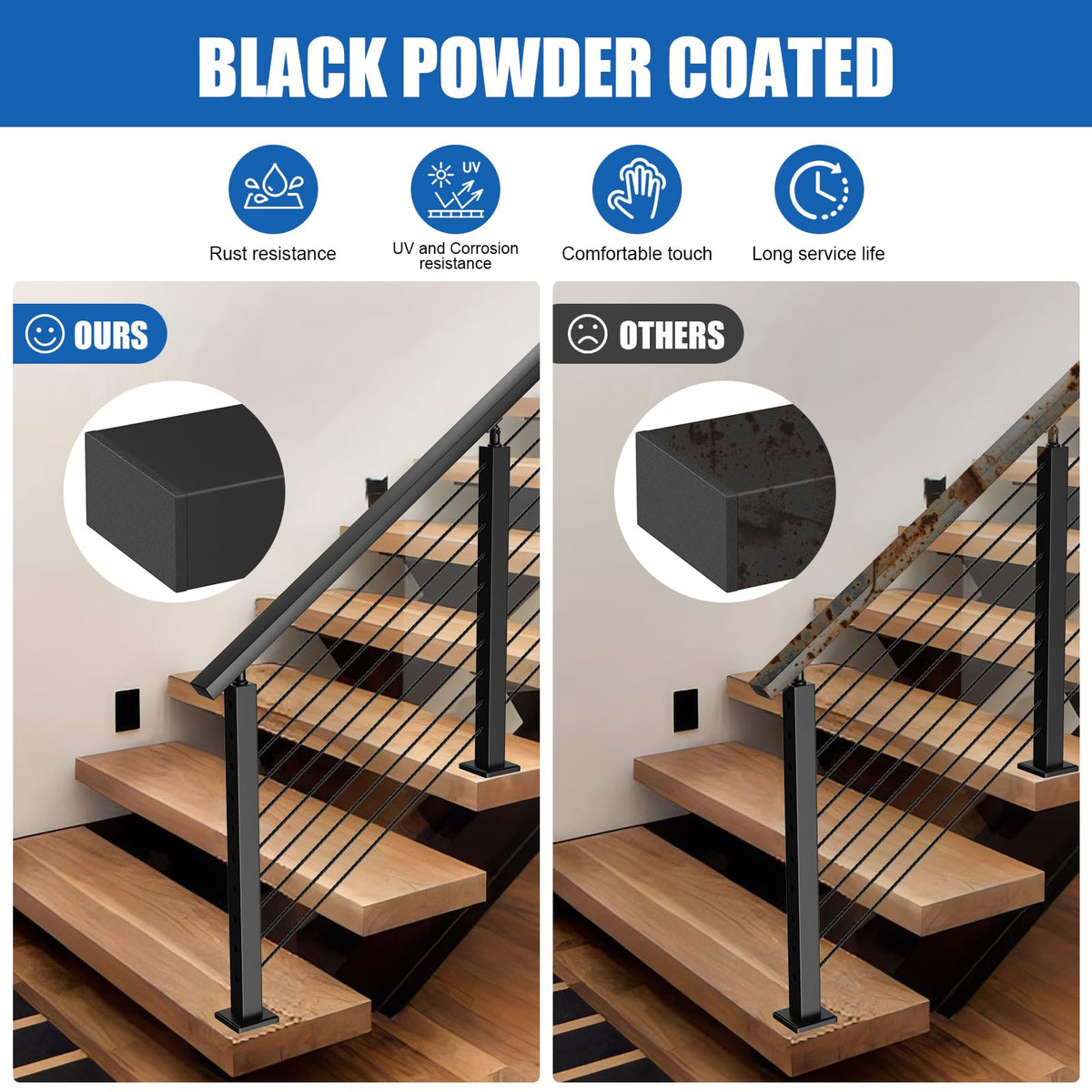 BLIKA 2Pack 8FT Stainless Steel Cable Railing Handrail, Black Rectangular Handrail Flat Top Rail with End Caps for Deck Stair Cable Railing System, Deck Hand Rails for Indoor/Outdoor, BL01-T