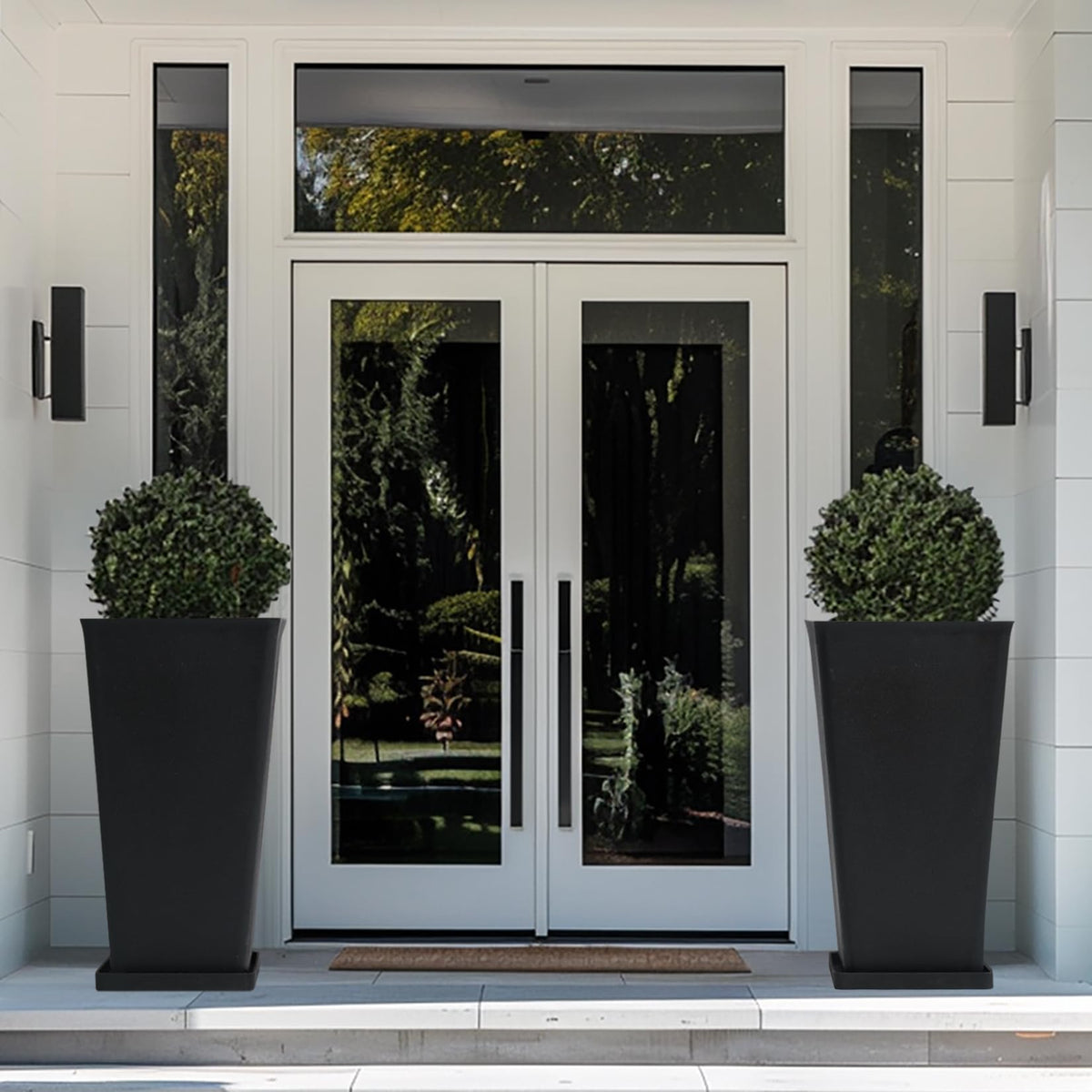 LA JOLIE MUSE 30 inch Tall Black Planters Set of 2, Indoor/Outdoor Rectangular Large V Shaped Taper Planters for Front Door