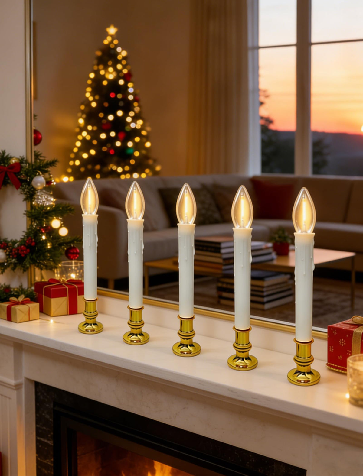 10 Pack Battery Operated Window Candles, Flameless Christmas Electric Candle with 6/18H Timer, Gold Base with Suction Cups, Warm White LED Lights for Xmas Wedding Holiday Indoor Table Window Decor
