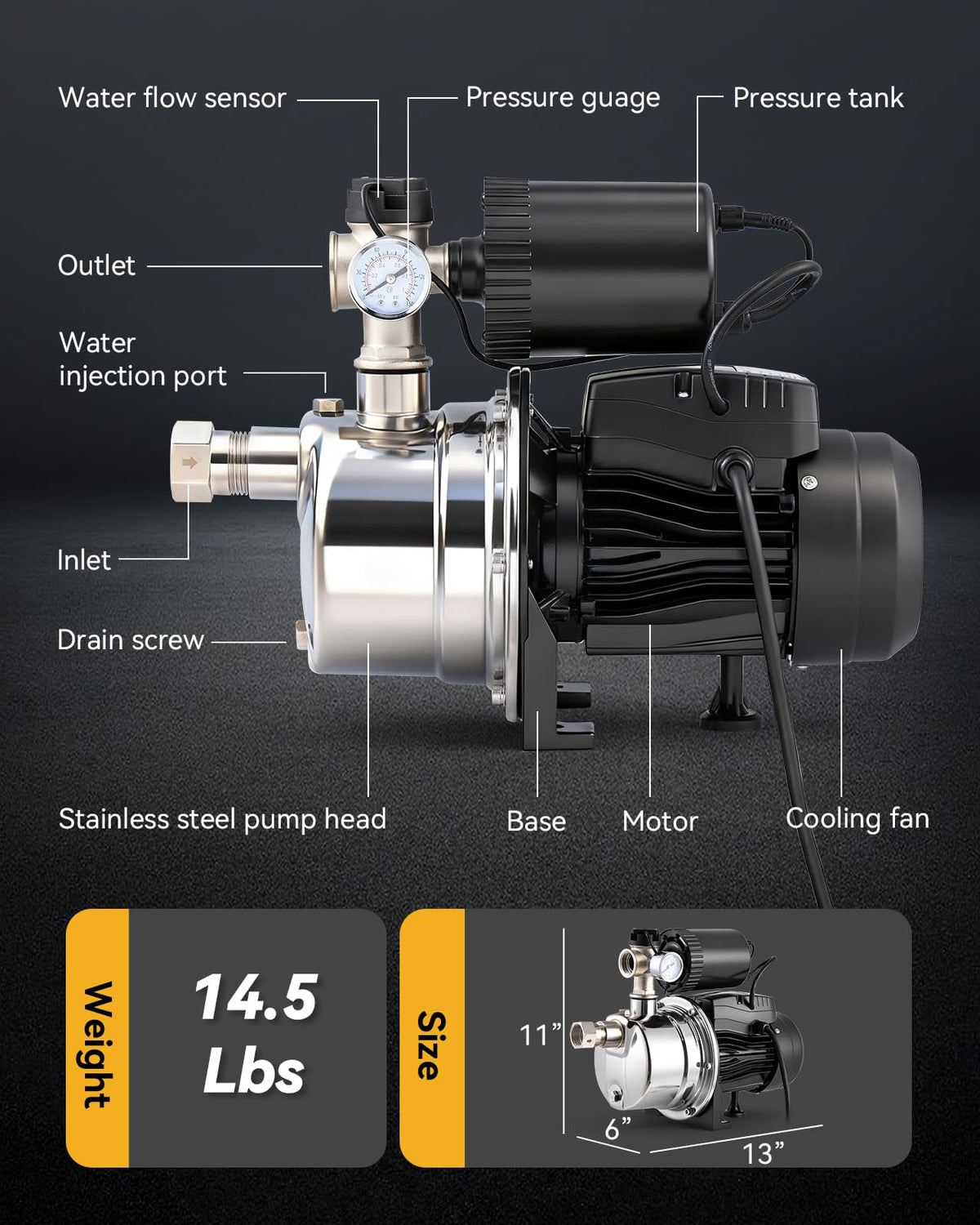 Hanchen 3/4 HP Shallow Well Pump with Pressure Tank, Automatic Booster System, Self-Priming Stainless Steel Jet Pump with Water Flow Switch Water Pressure Switch