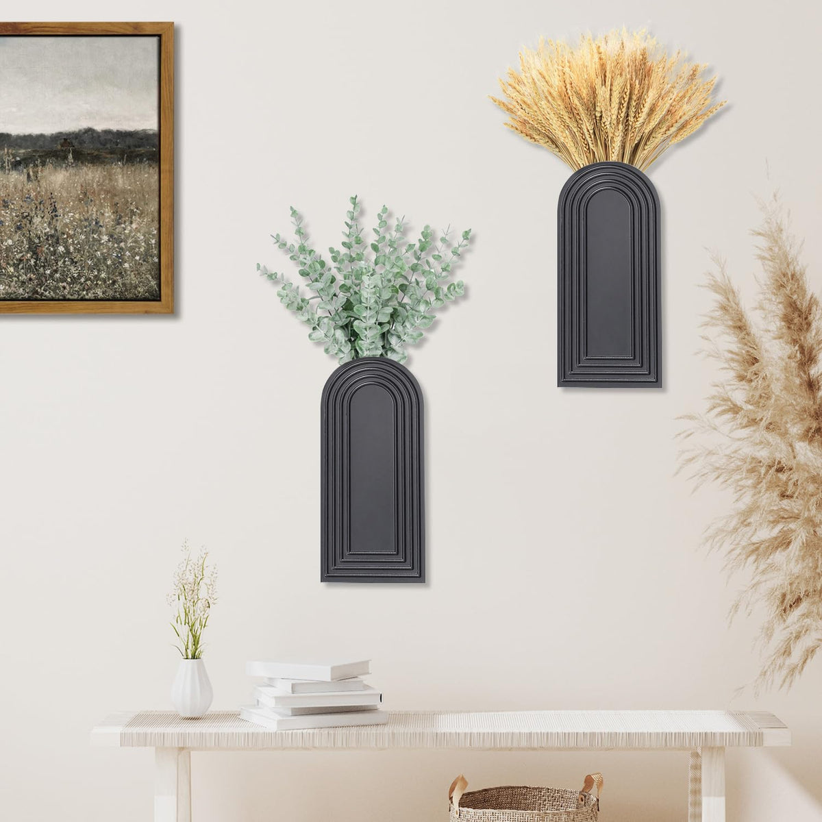 Dnnnii 2 Pack Wooden Wall Vase Set - Black Finish Modern Farmhouse & Boho Wall Decor for Entryway, Hallway, Bathroom, Living Room, Dining Room, Narrow Spaces