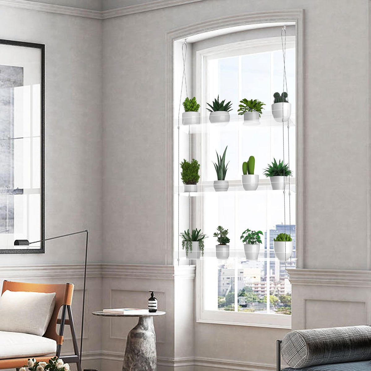ZerzSemp 3-Tier Hanging Clear Plant Shelves for Windows, Acrylic Window Wall Plant Stand Shelf for Kitchen Indoor Gardens, Flower, Herb, Seedling Organization, and Pots Display, 16 Inch per Tier