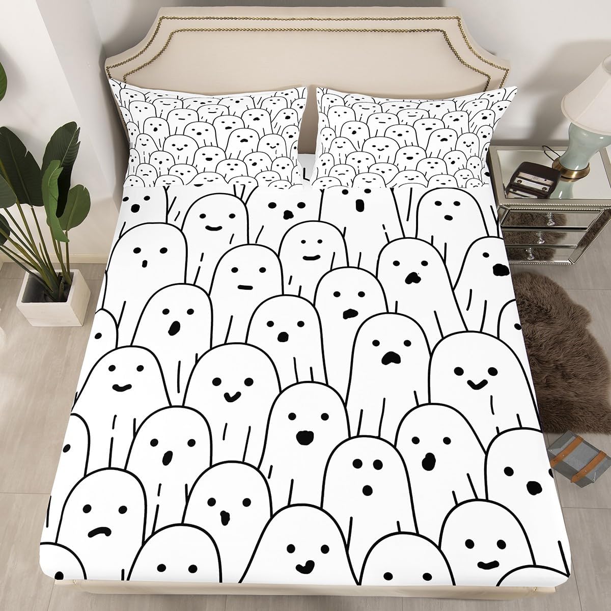 Castle Fairy Cute Ghost Fitted Sheet Queen Size Black and White Bedding Set Halloween Theme Sheet Set,Cartoon Ghost Bed Cover Ultra Soft Breathable Bedspread 3 Pcs for Kids Teens Boys No Flat Sheet