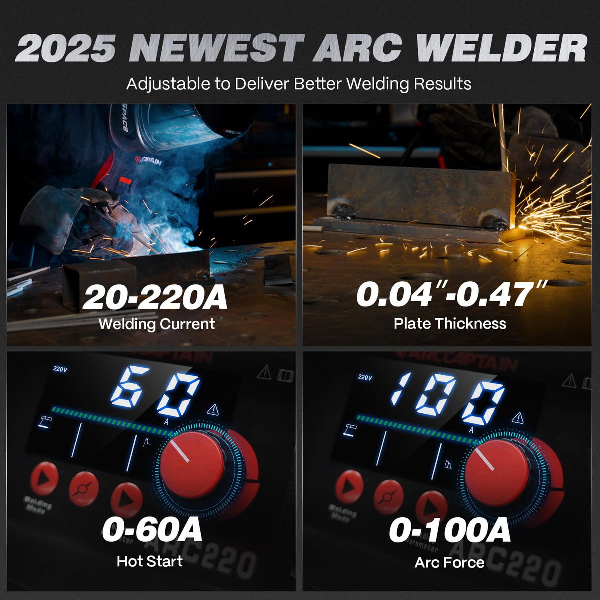 ARCCAPTAIN 220Amp 10PCS Rods Stick Welder, [Large LED Display] ARC/Lift TIG Welding Machine with Synergic Control, IGBT Inverter 110V/220V MMA Welder Machine with Hot Start, Arc force, and Anti-Stick