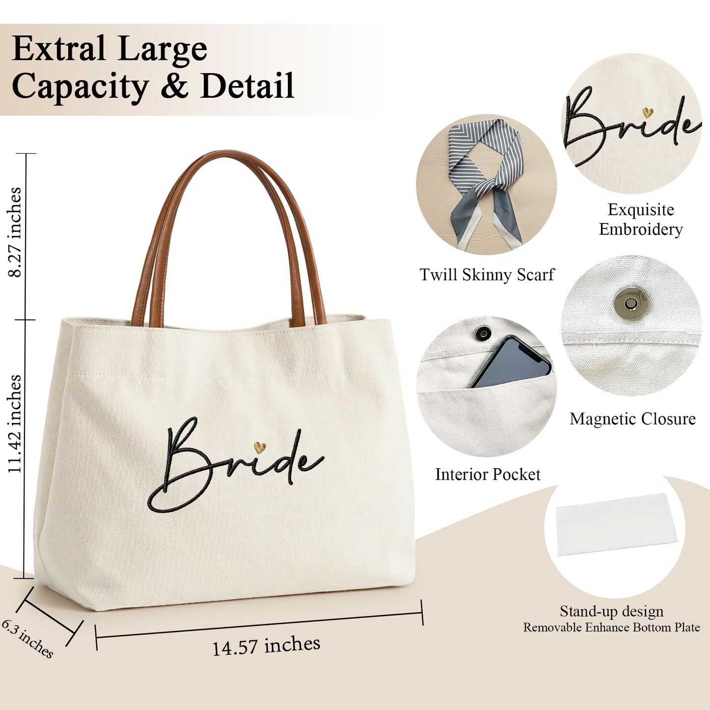 Ugiftcorner Bridal Shower Gifts for Bride Tote Bag, Embroidered Canvas Wedding Essential Bag with Leather Handle & Pocket, Bride to be Gifts, Bachelorette Honeymoon Beach Bag
