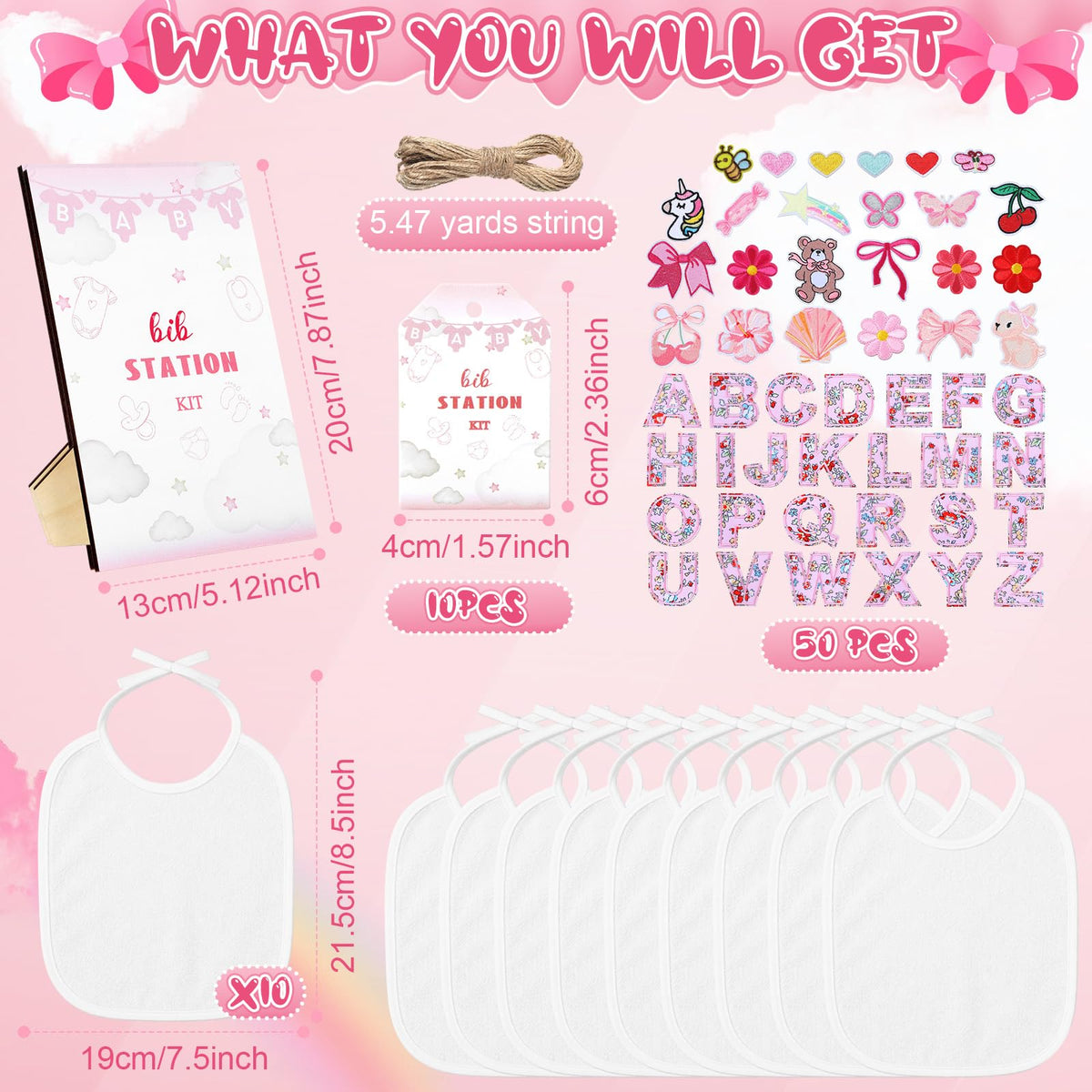 Jiuguva 72 Pcs DIY Bib Decorating Kit Baby Shower Games Set 10 DIY Blank White Bibs 50 Pink Iron on Patches Baby Shower Activity Kit for Gender Reveal Party Supplies
