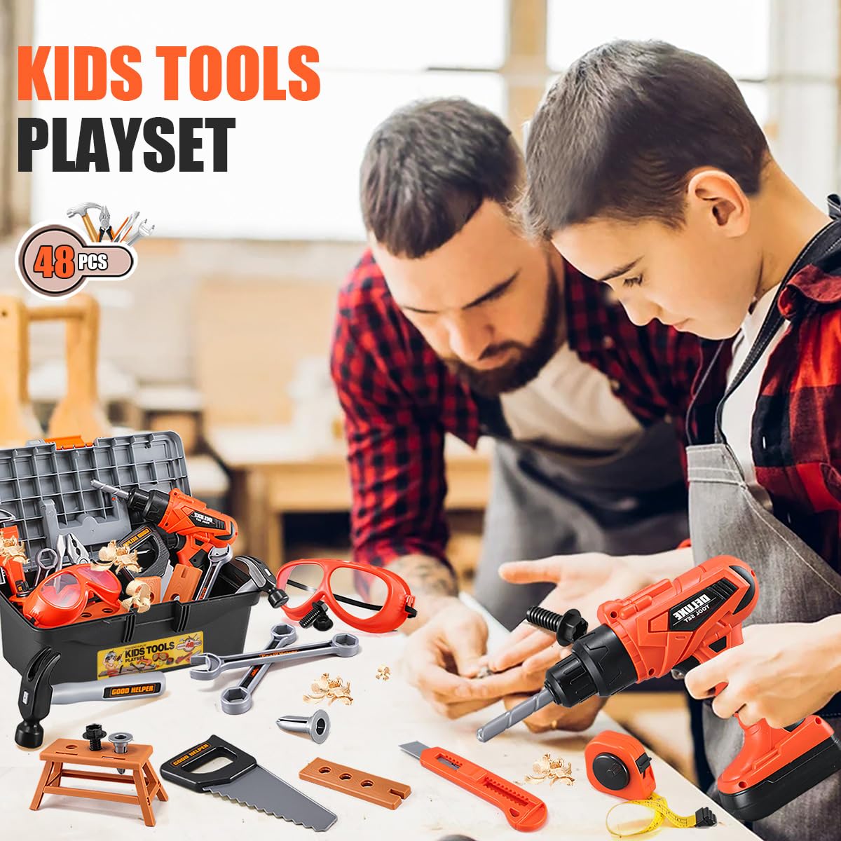 Kids Tool Set – Zealous 48 pcs Toddler Tool Set with Tool Box & Electronic Toy Drill, Pretend Play Kids Toys, Toy Construction Tools for Kids Ages 3,4,5,6,7,8 Years Old (A-Orange)