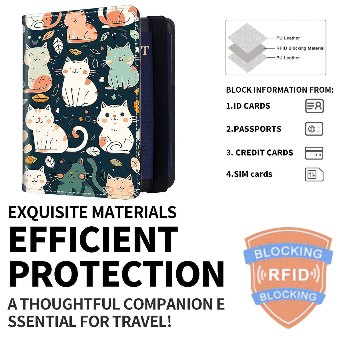 ETLKJVBL Exquisite Passport Holder for Travel Accessory, Leather Passport Cover with Space for Documents and Family Photos, Travel Passport Wallet for Women and Men Pattern Design(Cute Cats)