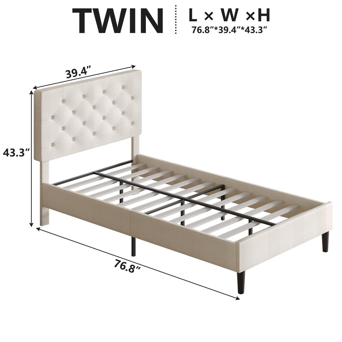 Lullabyre Twin Bed Frames for Kids, Upholstered Platform Bed Frame, Upholstered Bed Frame with Tufted Headboard, No Box Spring Needed, Easy Assemble, White