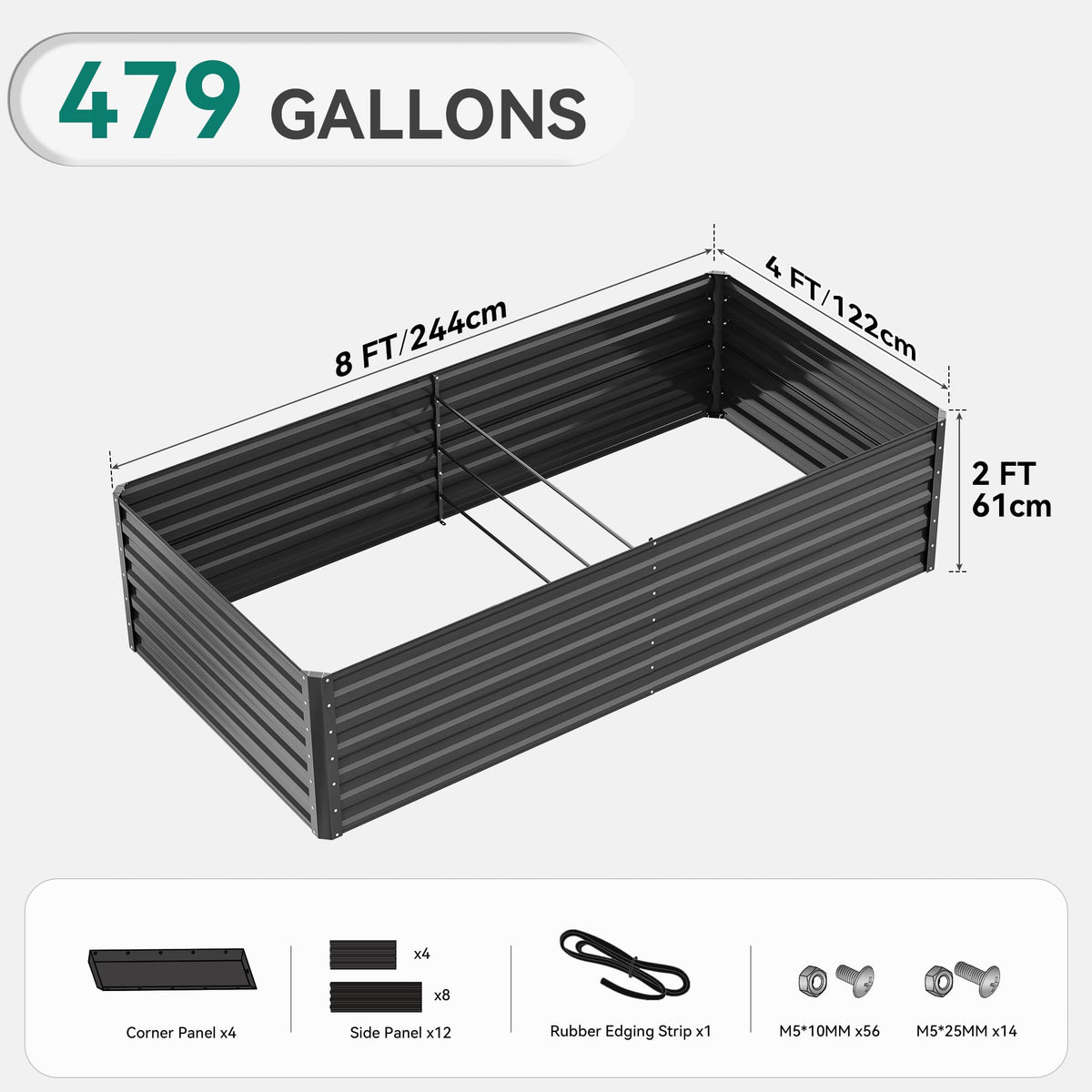 YITAHOME 8x4x2ft Large Raised Garden Bed Kit, Galvanized Metal Planter Box with Gloves, Ground Nails, Support Rod & Safety Rubber, Outdoor Above Ground Planters for Plants Vegetables Flowers, Black