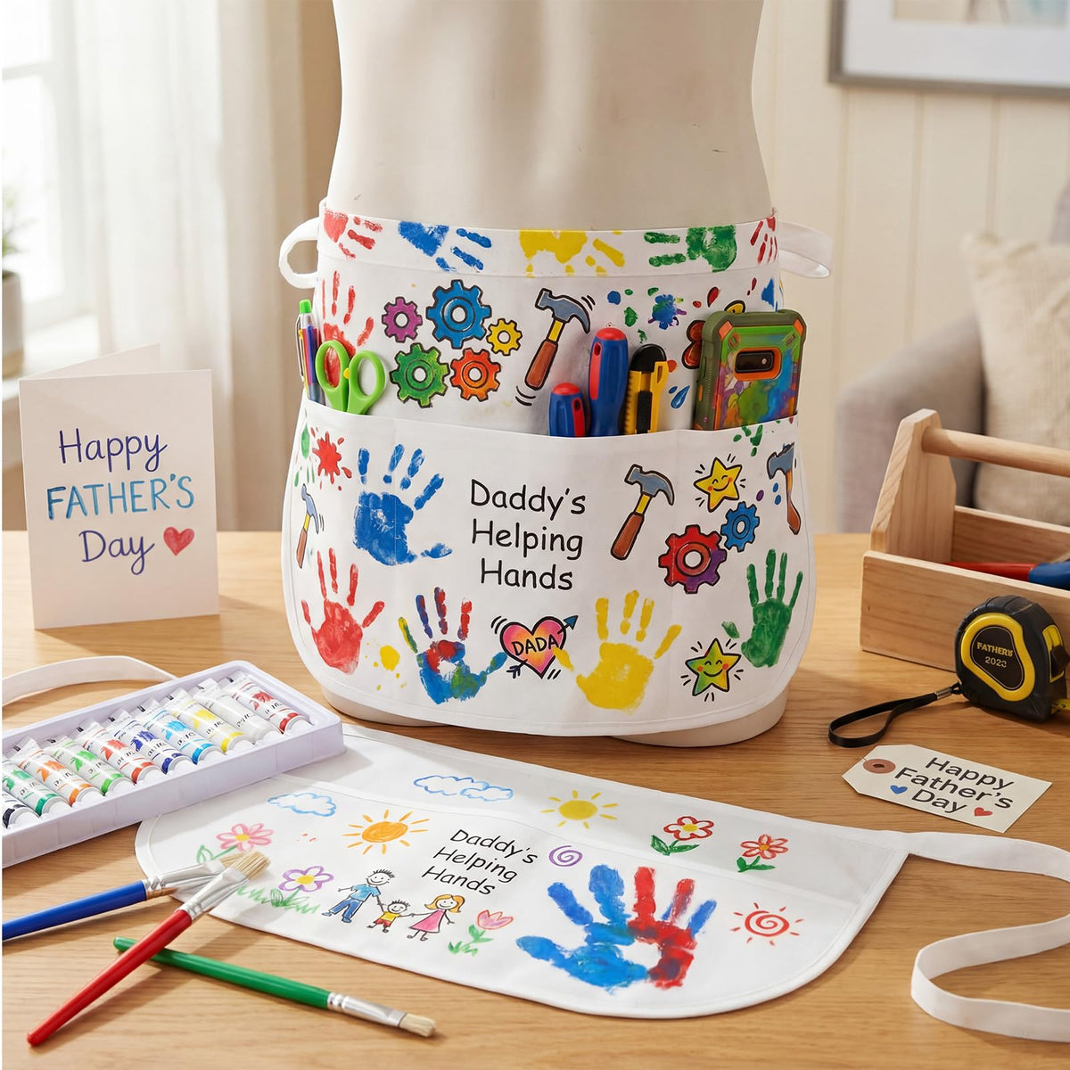 Cotwinter 10 Set Father's Day Handprint Kit DIY Waist Half Apron with Acrylic Paints and Brushes Fathers Day Personalized Handprint Gifts Family Sign Keepsake for Grandpa Daddy Papa Birthday Gifts