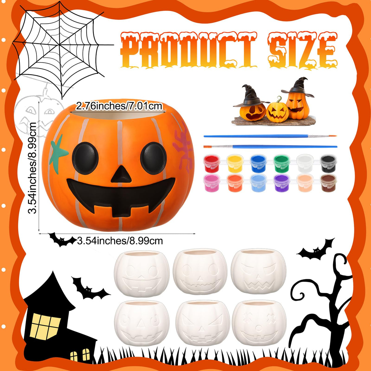 Suzile 6 Pack Halloween DIY Ceramic Craft Devil Pumpkin Succulent Pots with Drainage 3.5 Inch Unpainted Small Pumpkin Ceramic Planter Kit Halloween Decor Craft Activity Gift (Plants Not Included)