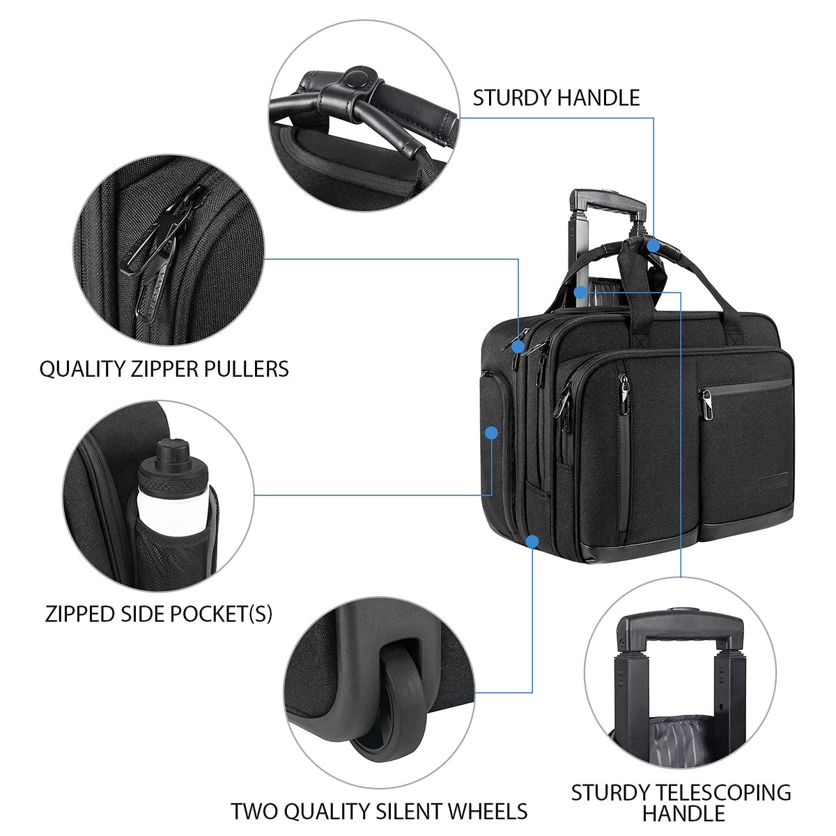 VANKEAN 17.3 Inch Rolling Laptop Bag, Waterproof Overnight Rolling Bags, Laptop Bags for Travel/Work/Business, Stylish Carry on Briefcase, Black