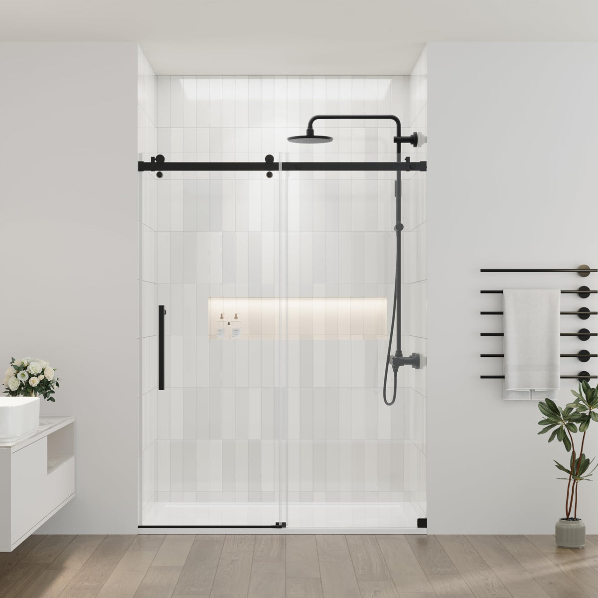 DELAVIN 44-48.in W x 72.in H Frameless Shower Door, Water Repellent Black Shower Door with 1/4" (6mm) Clear Tempered Glass, Easy Sliding Showe Door with Explosion-Proof Film, Stainless Steel Top Rail
