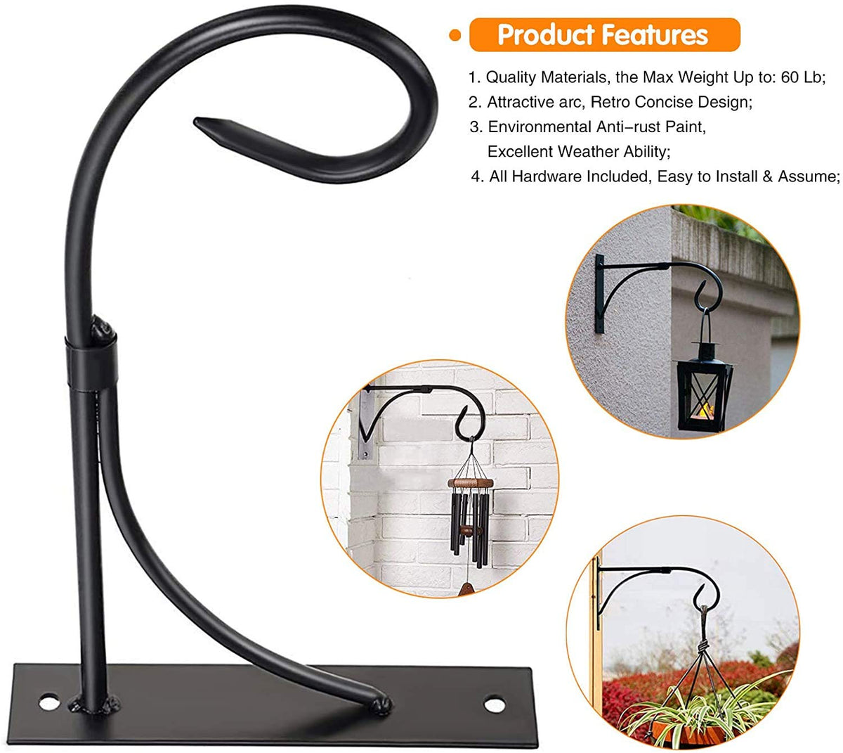 Fashion&cool 2 Pack Plant Hanging Bracket, 11 inch Wall Mount Plant Hanger Outdoor Indoor, Decorative Hanging Plant Bracket Hooks for Planter Flower Bird Feeder Lanterns Wind Chimes with Screws (2)