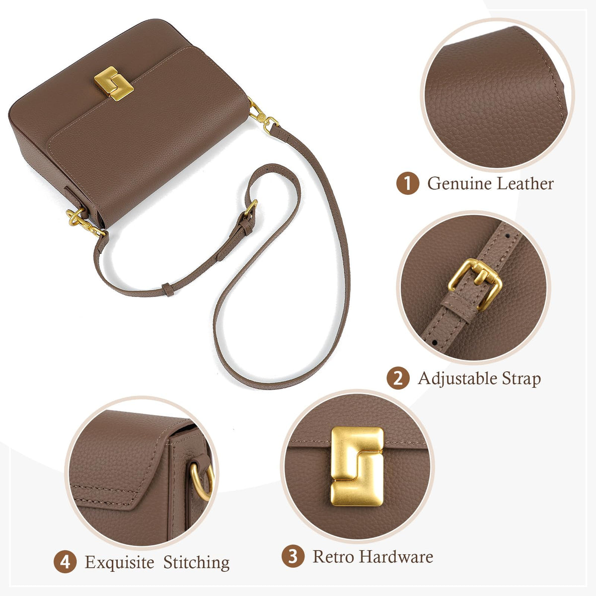 MFFOR Genuine Leather Shoulder Bags for Women, Crossbody Purses Vintage Handbags, Designer Bag with 2 Shoulder Straps (Coffee)