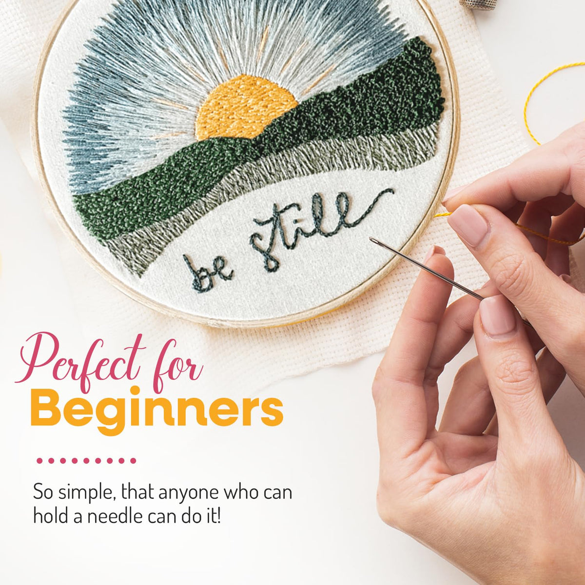 Elly & Grace Christian Embroidery Kit with Embroidery Hoop, Easy Embroidery Kit for Beginners and Adults, Full Embroidery Hoop Kit with Needles and Thread Included (Be Still)