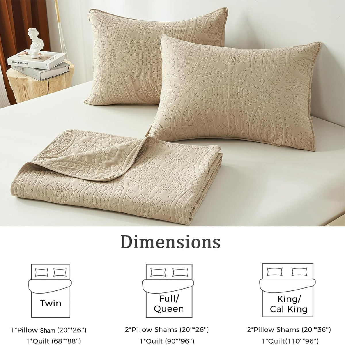 akkialla Queen Quilt Bedding Set,Beige Ultrasonic Full/Queen Quilt Set,Lightweight Soft Bedspread Coverlet,Modern Style Coin Pattern Bed Cover for All Seasons,3 Piece(1 Quilt,2 Pillow Shams)