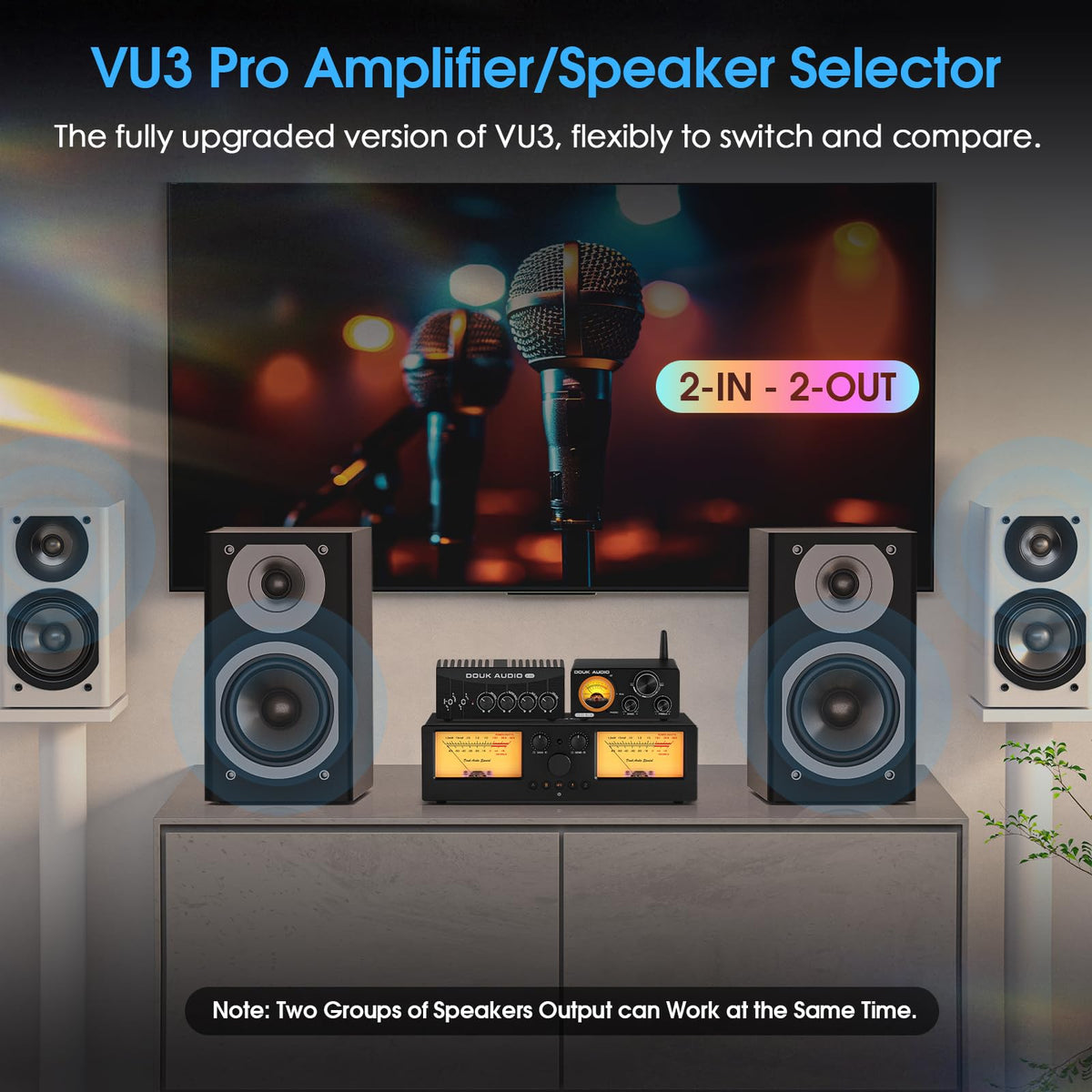 Douk Audio VU3 PRO Dual Analog VU Meter, 2-Way Amplifier Switch, Speaker Selector, Amp Audio Switcher Box 2-IN-2-OUT with DB Panel Display