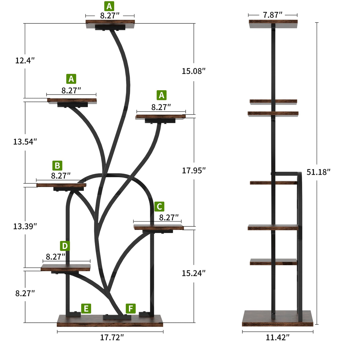 BEVAURORA Plant Stand Indoor with Grow Lights - 51" Tall Plant Stand, Corner Plant Shelf for Indoor Plants, 8 Tiered Lighted Flower Holder, Vase-shaped Plant Rack for Home, Black & Brown