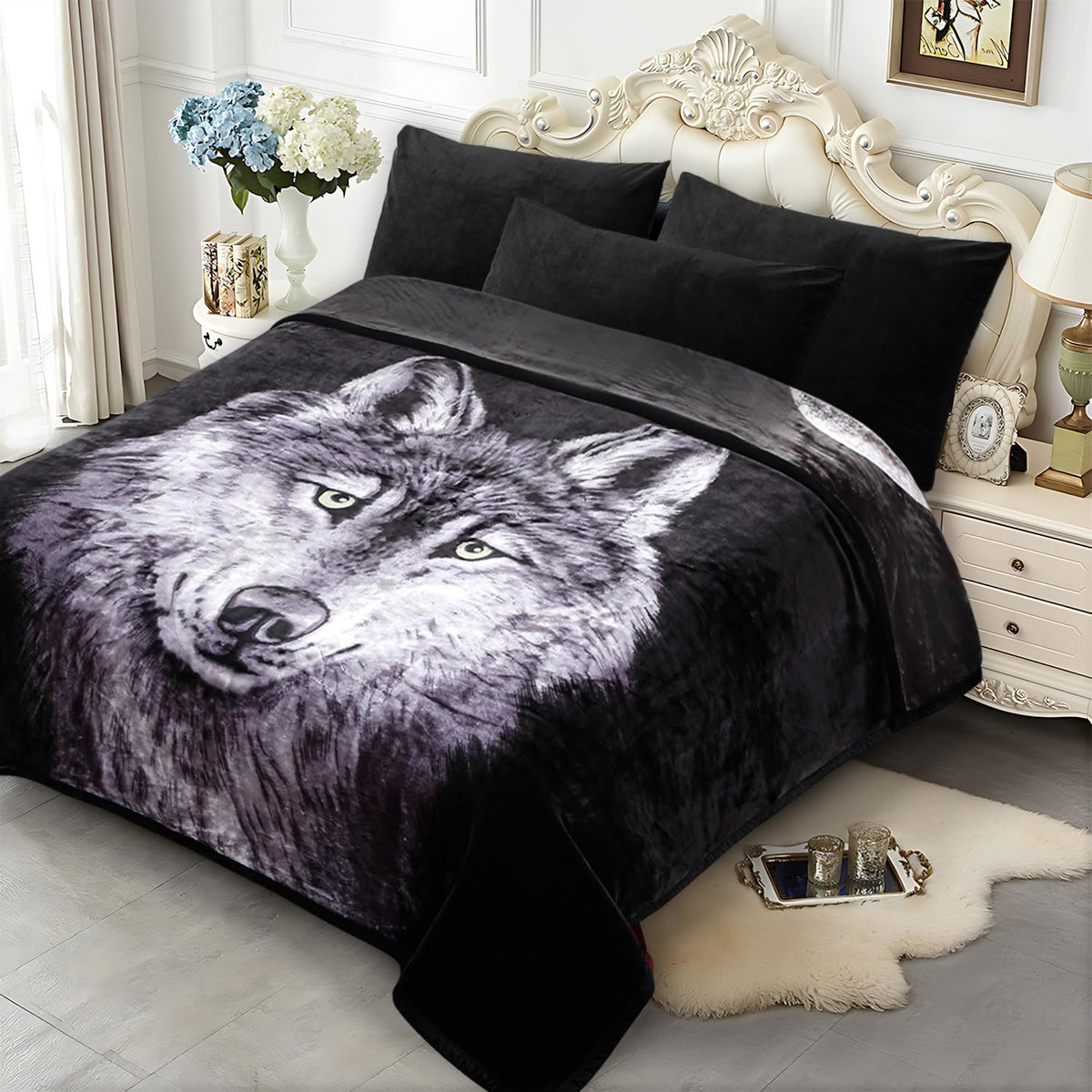 JYK Soft Fleece Bed Blanket Korean Style Blanket, 5 LB Fleece Blanket Queen 75'' x 87'' - 2 Ply Reversible 520GSM Super Soft Plush Flannel Blanket, Warm Bed Blanket for Autumn Winter - Moon Wolf/Wolf