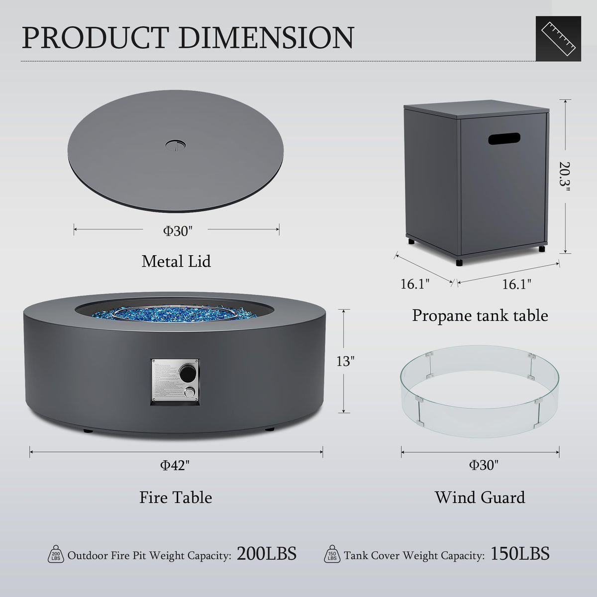 UPHA 42-inch Outdoor Propane Gas Fire Pit Table 50000 BTU Iron Round Firepit for Outside Patio with Tank Hidden Table, Wind Guard, Removable Lid, Blue Glass Rocks, Rain Cover, Grey