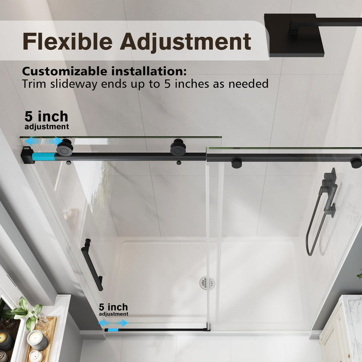 EASYWORC Frameless Glass Shower Door, 43-48" W x 76" H Sliding Frameless Shower Door, 1/4''(6mm) SGCC Tempered Glass, Explosion-Proof Film Nano Coating, Stainless Steel Hardware, Matte Black