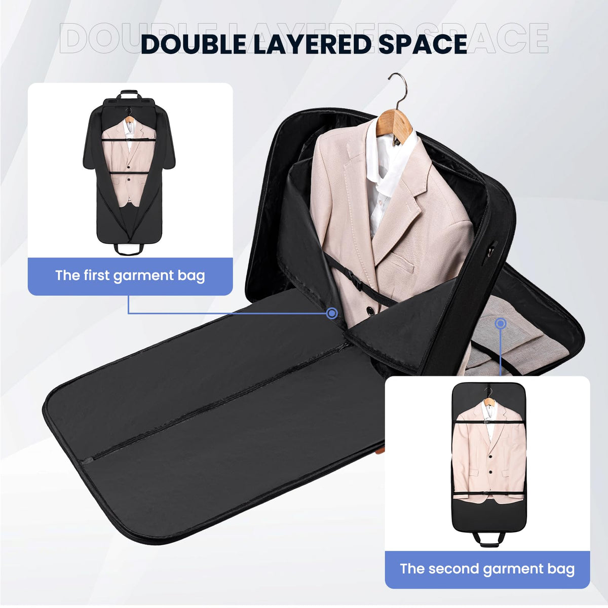 Garment Bags for Travel, Double Layered Carry on Garment Bag with Shoulder Strap, Foldable Suit Travel Bags for Men, Wrinkle Free Garment Travel Bag for Hanging Clothes, Dark Grey