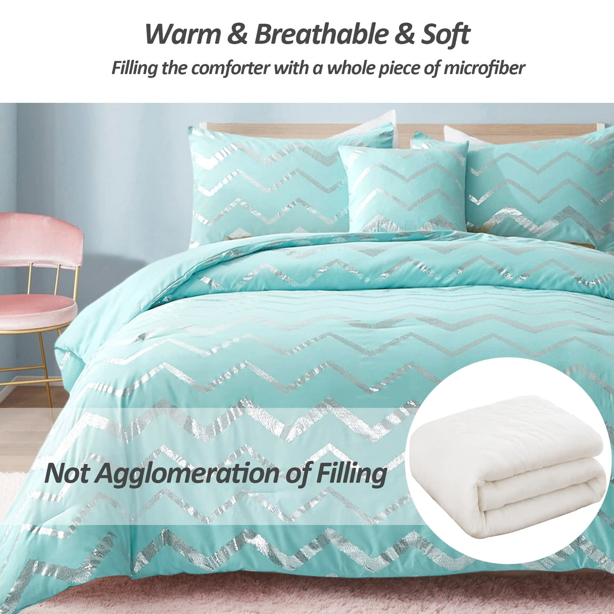 Menghomeus Aqua Comforter Set Twin XL Size Teal and Silver Bed Comforter 3 Piece Lightweight Microfiber Bedding for Teen Girls Boys (2 Pillow Cases + 1 Decorative Pillow Sham)