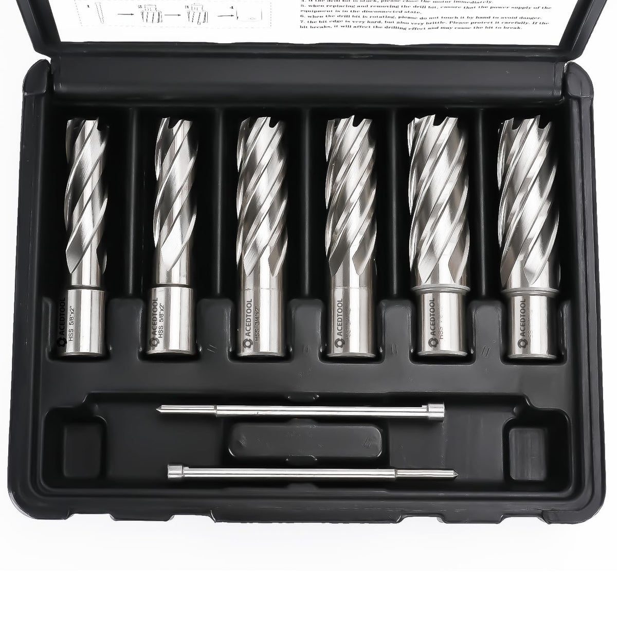 ACEDTOOL Annular Cutter Set, 6pcs Weldon Shank Mag Drill Bits, 2" Cutting Depth, 5/8",3/4",7/8" Cutting Diameter, M2 HSS, 2 Pilot Pins, Portable Case, for Using with Magnetic Drills