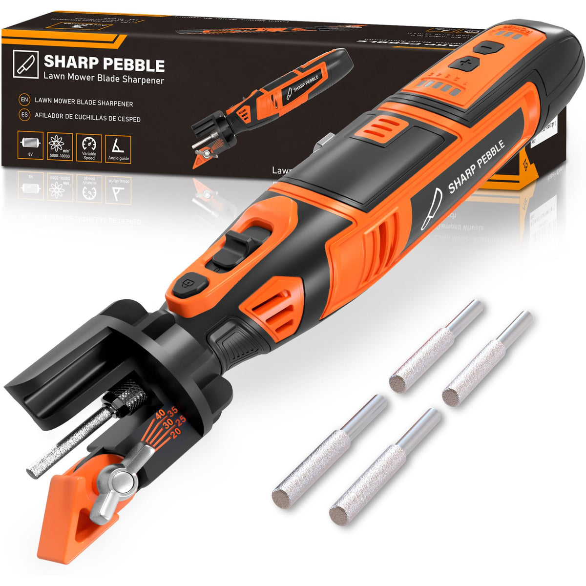 Sharp Pebble Cordless Lawn Mower Blade Sharpener – Adjustable 20°- 40° Angle Guide-Rotary Tool with Replaceable Sharpening Wheel Bits & Fast Rechargeable Battery – Effortless Precision for Lawn Care