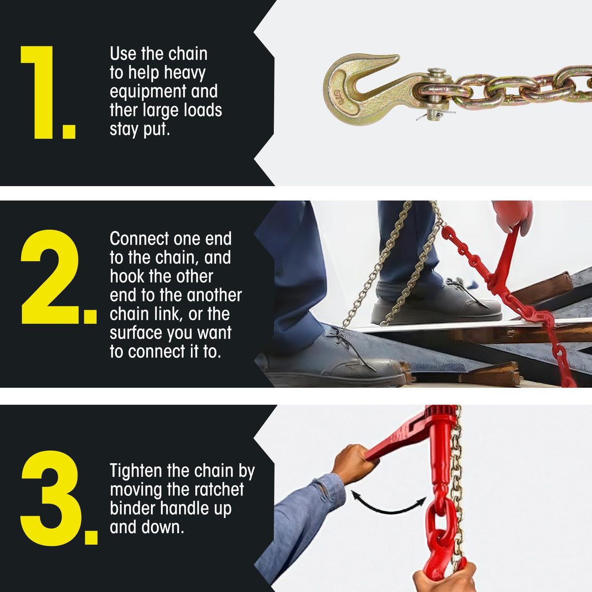 Elevango 3/8-1/2in Chain & Binder Kit, 8818lbs Strength, G80 Chains for Truck, Tie Down, Hauling, Towing