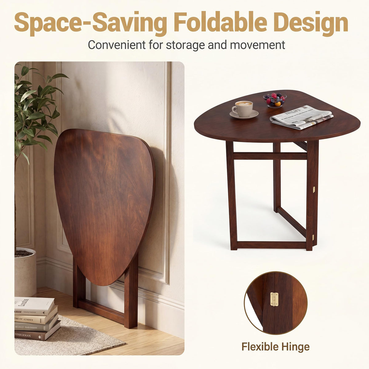 COSTWAY 31.5" Foldable Triangular Dining Table for 2-3, Small Kitchen Table with Walnut Wooden Top, Rubber Wood Legs, Space-Saving Compact Table for Small Apartments & Breakfast Nooks