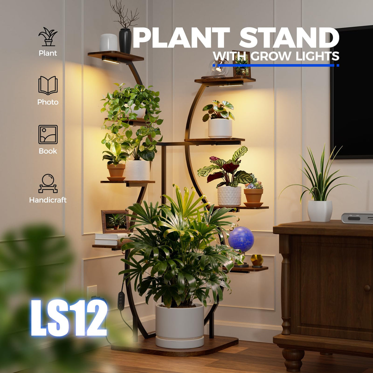 Barrina LS12 Corner Plant Stand with Grow Light, 62.2" Tall 9-Tier Plant Shelf for Large Plant, Warm Full Spectrum T5 Grow Lights, S-Shape Corner Flower Holder for Living Room, Home Decor, Gardening