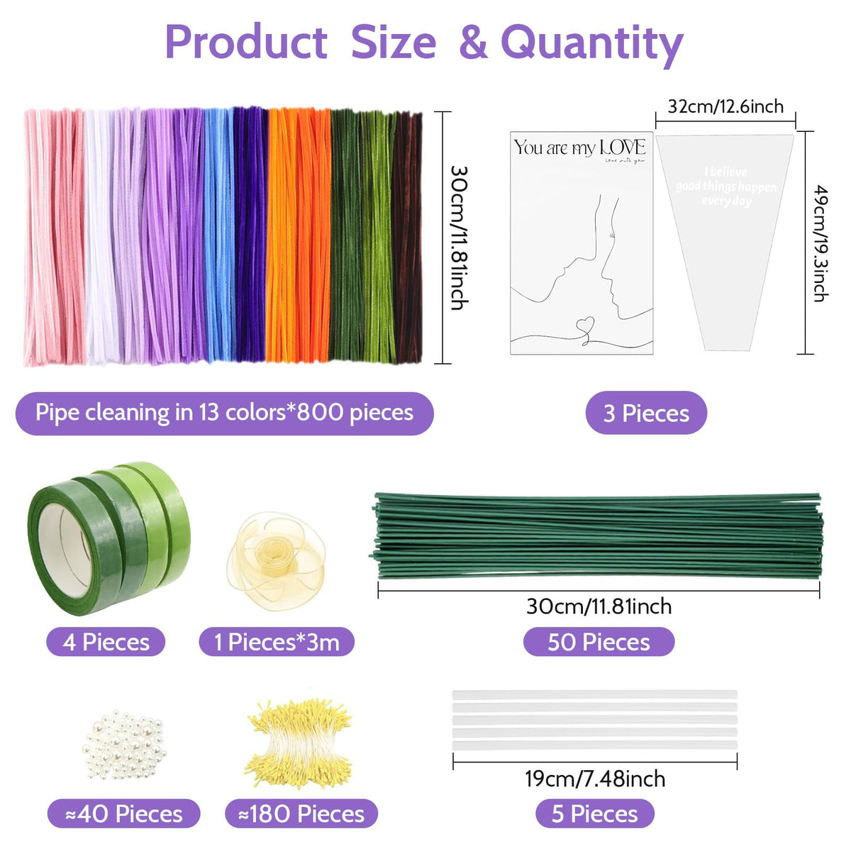 800 PCS Pipe Cleaners Craft, Pipe Cleaners Flowers Kit with Handle, 13 Colors Chenille Stems with Instruction, Art and Craft Supplies