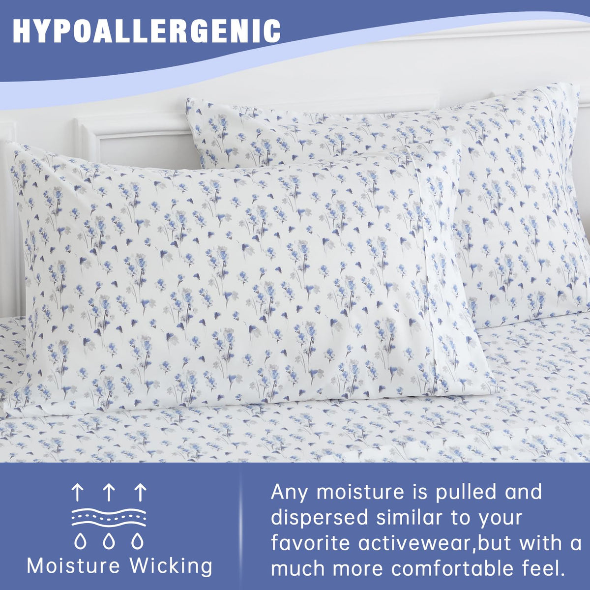 California King Sheet Set 4PC Printed Light Blue Flower Pattern Double Bed Luxury Cooling Soft 100% Microfiber Brushed Sheets 17” Deep Pocket, Easy Care, Breathable, Wrinkle Free, Machine Washable
