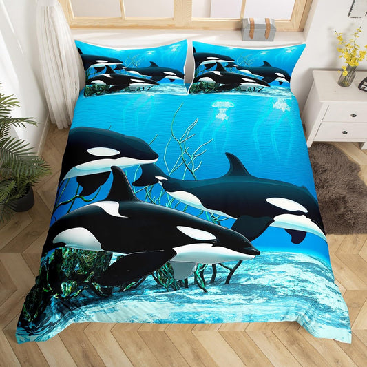 Killer Whale Bedding Sets Orcinus Orcas Comforter Cover The Underwater World Jellyfish Duvet Cover Set For Kids Boys Girls Deep Sea Animals Marine Life Quilt Cover 3 Pieces Child Room Decor Queen Size