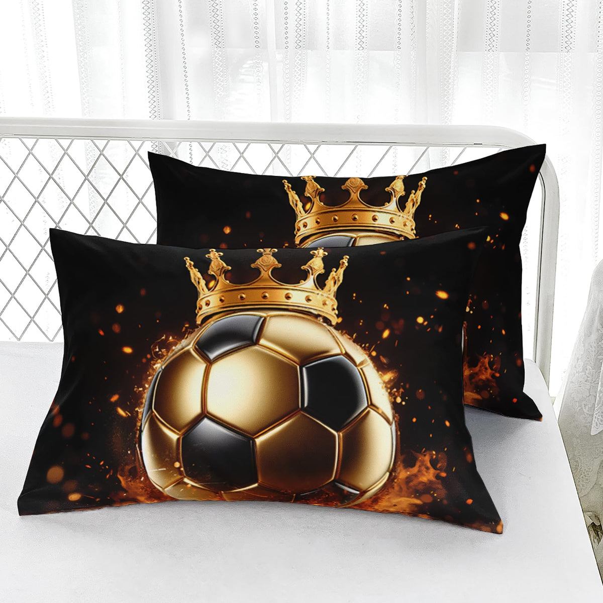 AILONEN Black Gold Soccer Bedding Set for Kids Boys Girls,3D Football Crown Printed Twin Bed Sheet Set,Sports Ball Themed Fitted Sheet with 2 Pillowcases,3Pcs