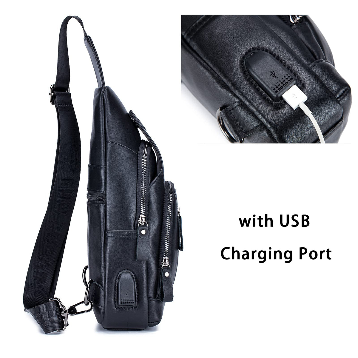 LUKZIJAES Genuine Leather Sling Bag for Men Crossbody Shoulder Chest Pack Hiking Casual Daypack Outdoor Travel Backpack (#1-Black)