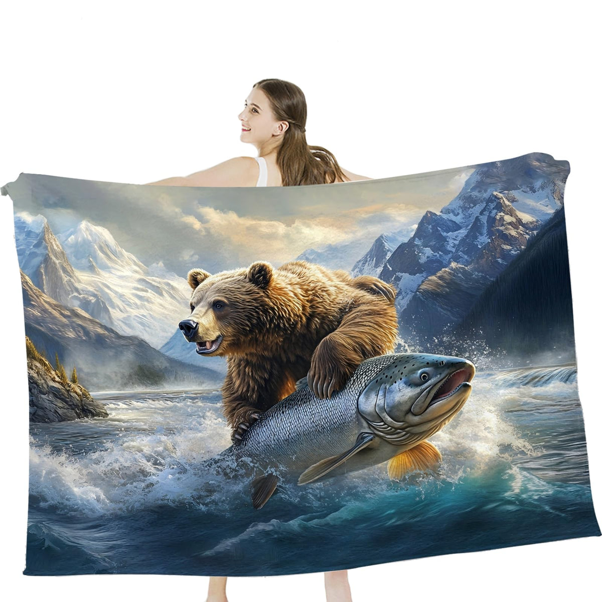 Tijuboni Bear Fish Throw Blanket Cabin Bear Gifts for Women Men Girls Boys Kids Adults Soft Flannel Fleece Blanket for Couch Sofa Bed Home Decor 40"x50"