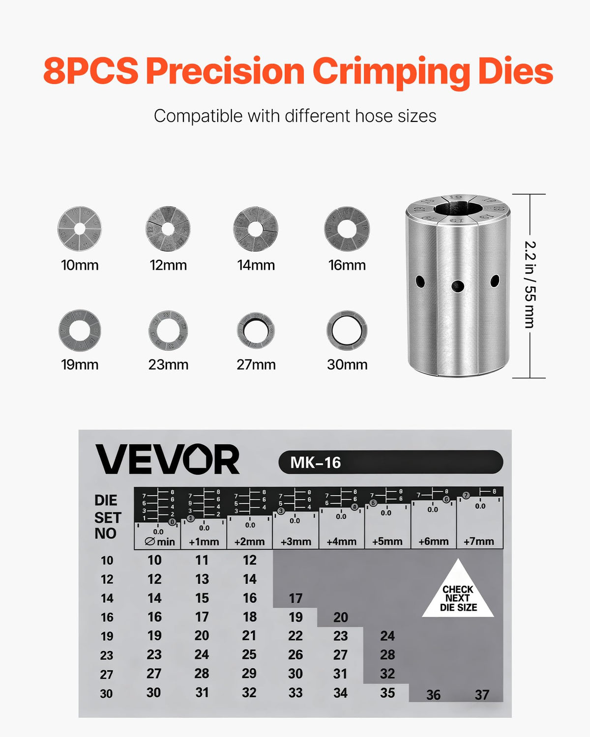 VEVOR High Pressure Hydraulic Hose Crimper, Manual Hose Crimping Tool with 8 Dies & 0.24"-1.1" Crimping Range, Suitable for Low & High-Pressure Oil Pipes, Gas/Water/Auto AC Hoses & Cable Joints