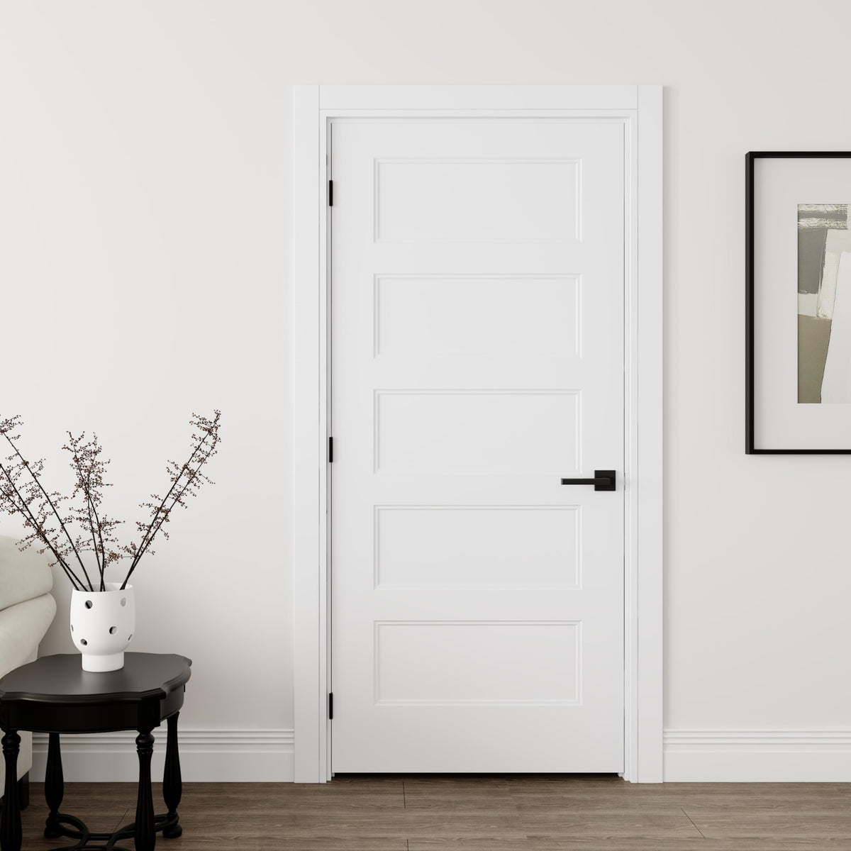 JUBEST 36"x80" Right-Hand Prehung Interior Door with Knock Down Jamb Kit & Matte Black Hinges, 5-Panel White Primed Hollow Core Molded Door Slab with Bore & Hinge Cutout, Durable & Sturdy, No Handle