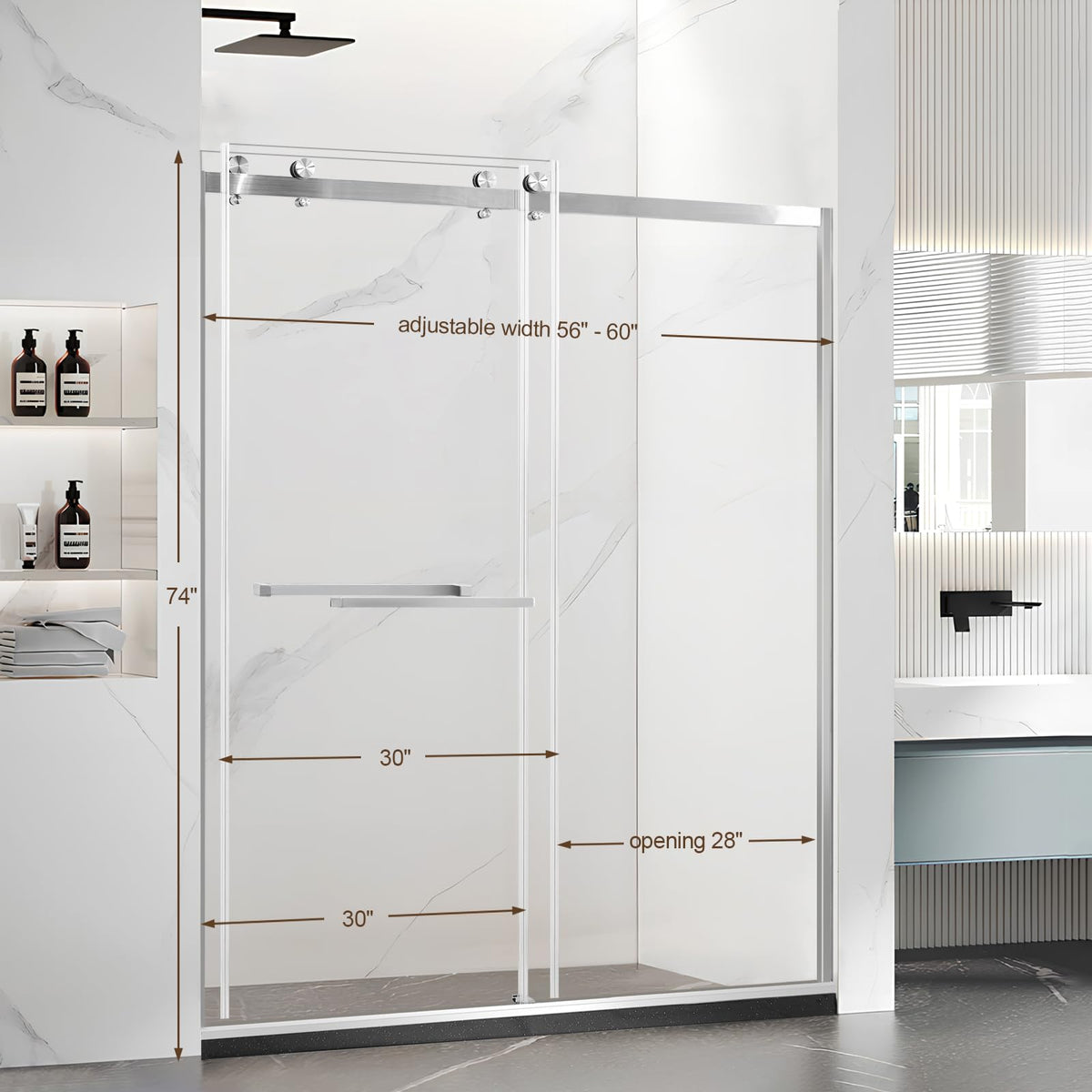 Porfectik Paris Shower Door, 60" W x 74" H Double Sliding Shower Door with 5/16"(8mm) Clear SGCC Tempered Glass, Bathroom Framed Shower Glass Doors, Brushed Nickel