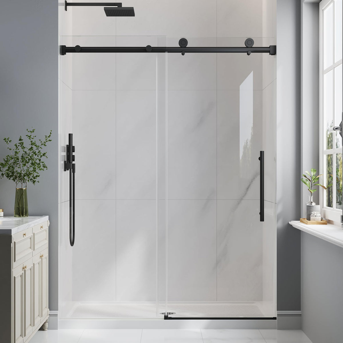 EASYWORC Frameless Glass Shower Door, 43-48" W x 76" H Sliding Frameless Shower Door, 1/4''(6mm) SGCC Tempered Glass, Explosion-Proof Film Nano Coating, Stainless Steel Hardware, Matte Black