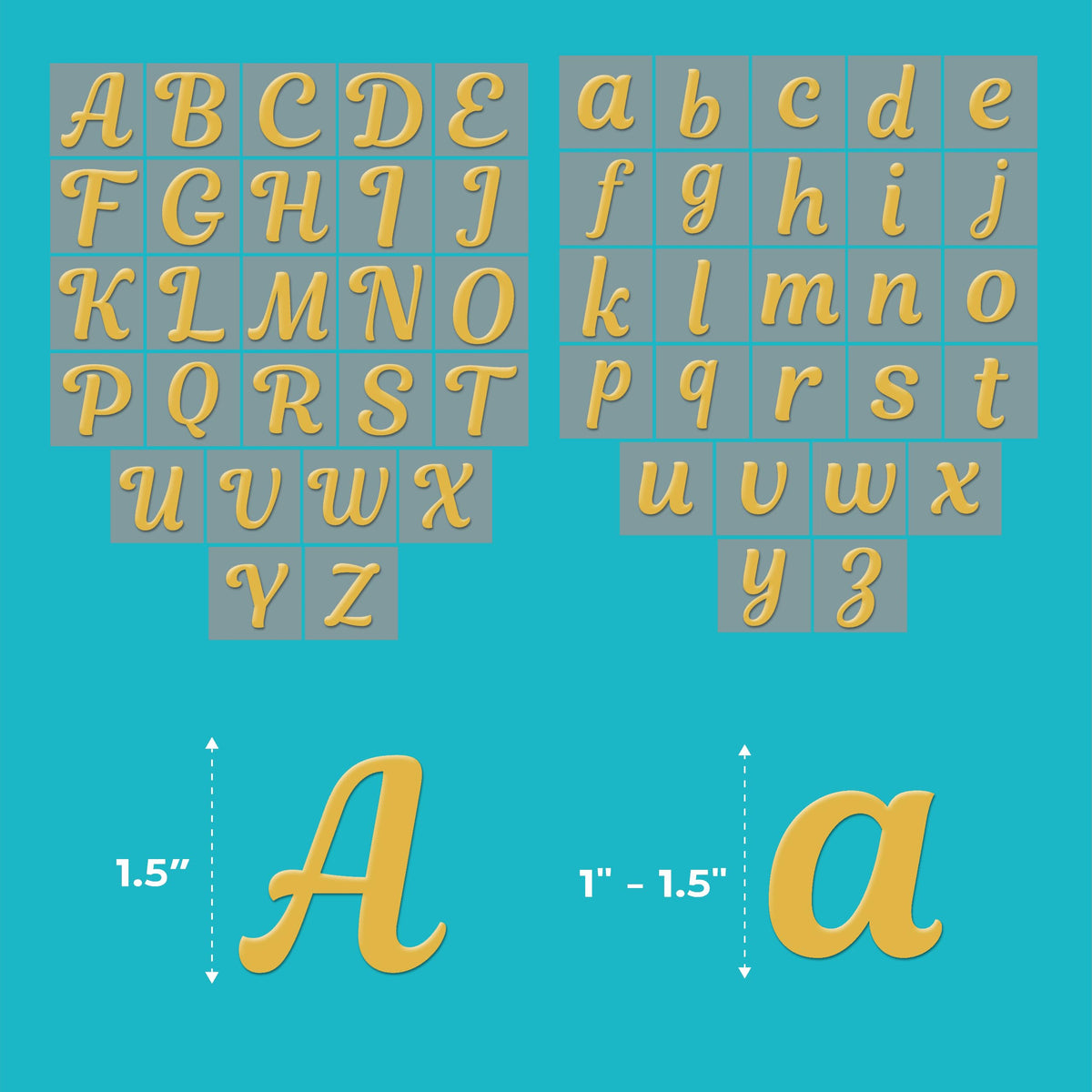 Laughing Lizards Yellow Gold Iron On Letters for Fabric & Clothing (208 Pieces) Iron On Letters for Christmas Stockings, 1.5" Cursive Iron On Lettering & Small Letters (Yellow Gold)