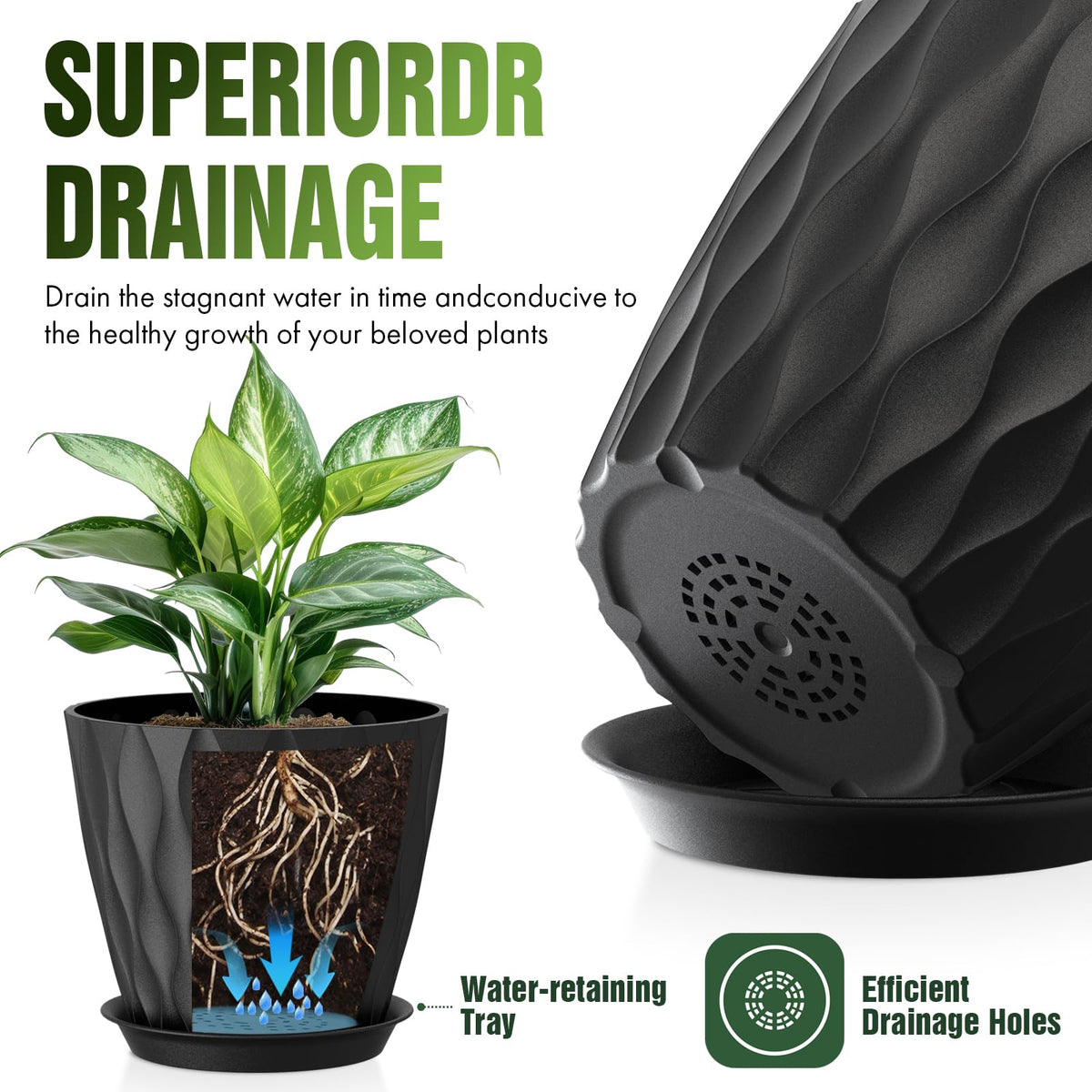 Areutxbis 8 Inch Wave Plant Pots with Drainage Holes & Saucers, 4 Pack Modern Textured Medium Planters for Indoor Outdoor Plants, Decorative Flower Pots Repotting Set for Flowers, Herbs (Black)