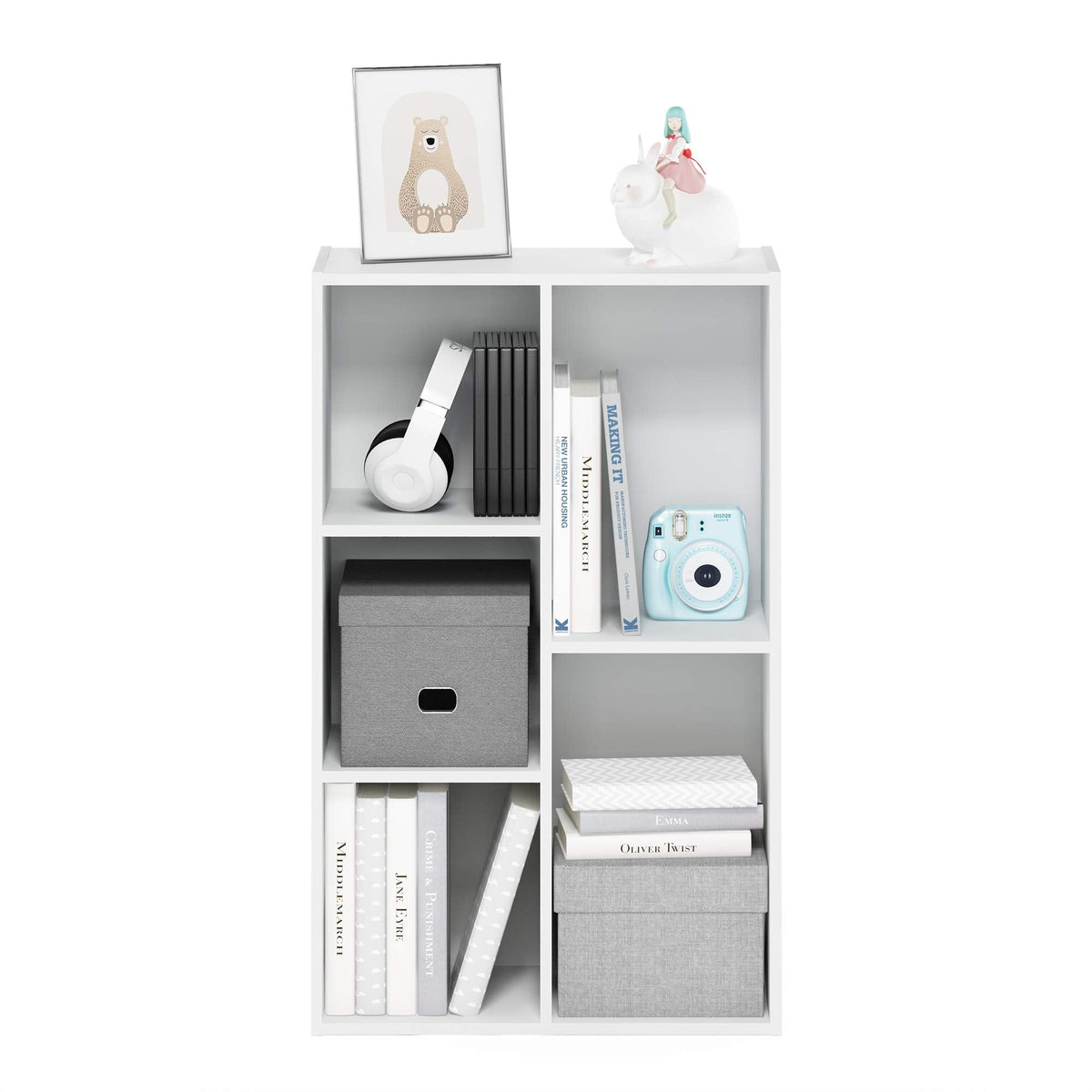 Furinno LUDER Book Shelf, 5-Cube Bookshelf, Reversible Bookcase, 9.4 x 19.5 x 31.5, Easy Assembly, for Living Room, Bedroom, Home Office, White