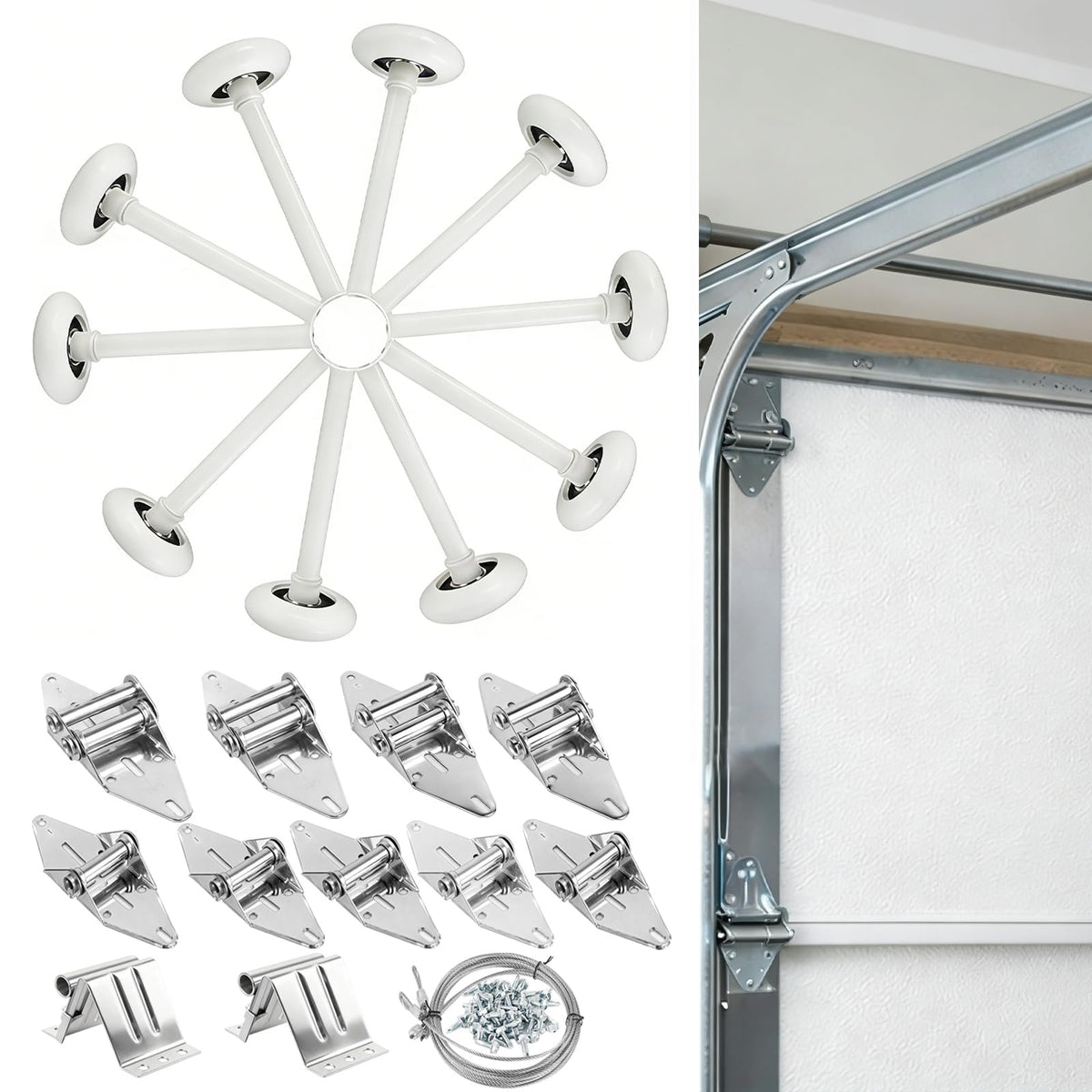 LIMICAR Nylon Garage Door Rollers 10 Pack with Hardware Kit – White 2" Quiet Wheels 4" Stem, 6200-2RS Dual Sealed Bearings, Hinges Brackets Wire Rope, Fits Standard 2" Track