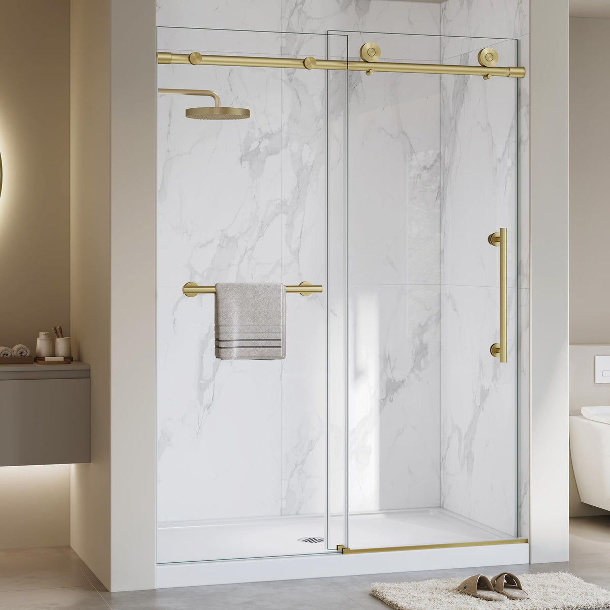 Frameless Shower Door,5/16" (8mm) Glass Sliding Shower Door with Soft-Close & Anti-Leak,Nano Coating Anti-Explosion Film SGCC Tempered Glass 55"-60" X 76"H,Brushed Gold
