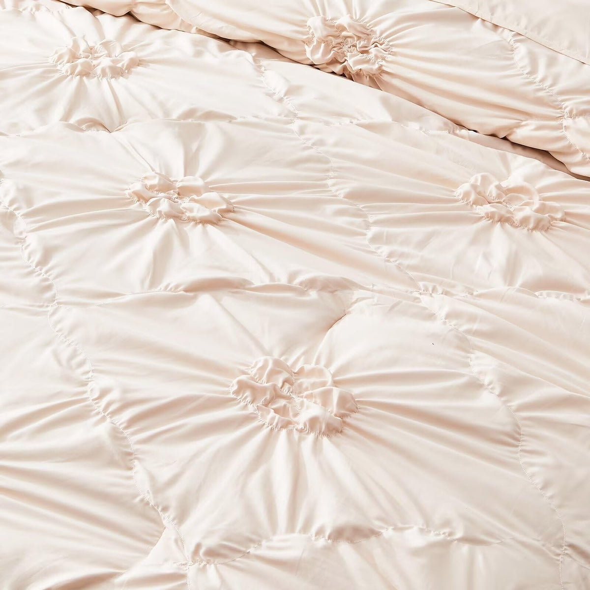 Jameswish Beige Comforter Set Queen Size Bed in A Bag 7 Piece Pinch Pleat Bedding Set, Pintuck Ruched Flowers Bed Set with Comforter, Sheets, Pillowcases & Shams